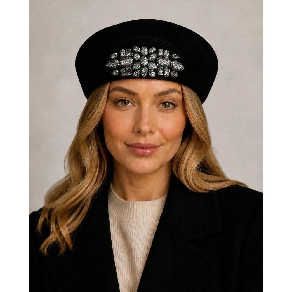 100% Wool Black Beret Hat w/Large Silver Rhinestone Jewel Embellishment